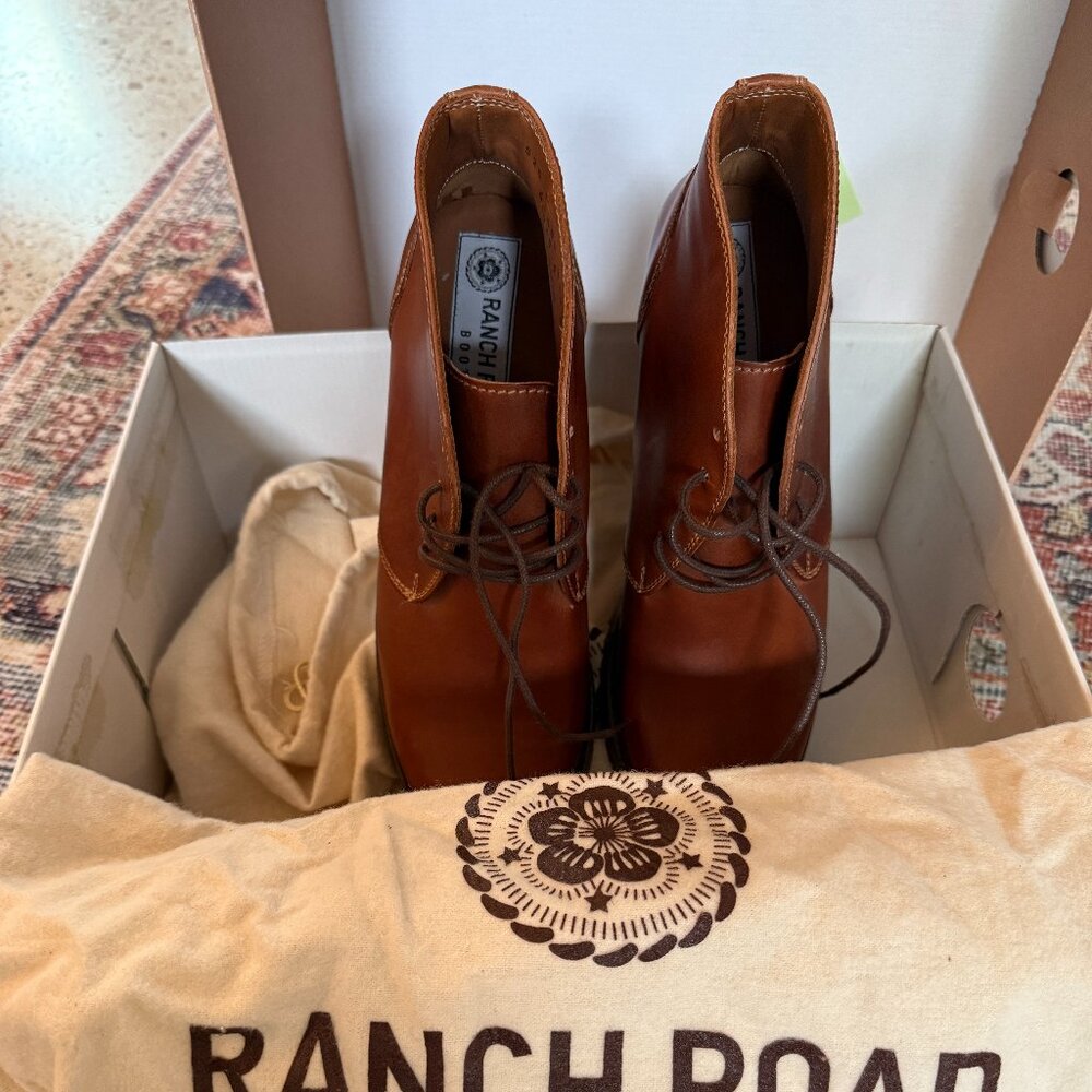 Ranch Road Handmade In Spain Lace Up Cognac Brown Stacked Heel Leather